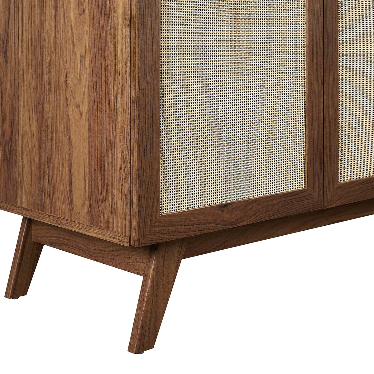 Soma bathroom vanity table with walnut wood finish and woven cane panel doors on Tampa Home & Garden Store