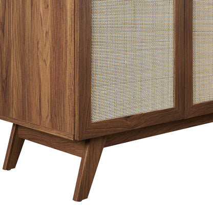 Soma bathroom vanity table with walnut wood finish and woven cane panel doors on Tampa Home & Garden Store