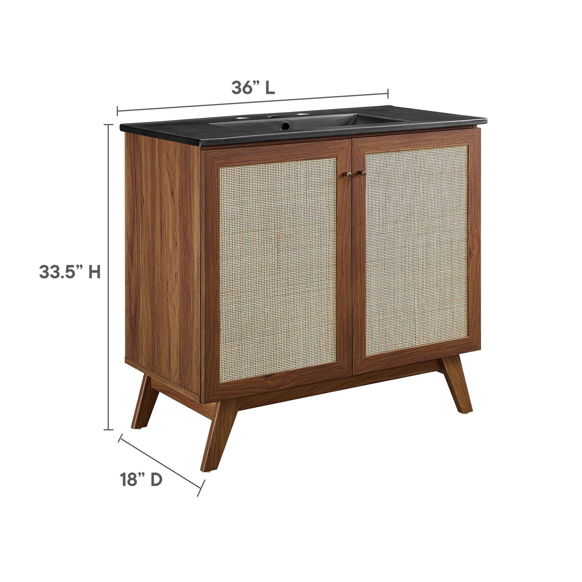 Soma bathroom vanity by Modway, wooden table vanity with black countertop and caned doors on Tampa Home & Garden Store