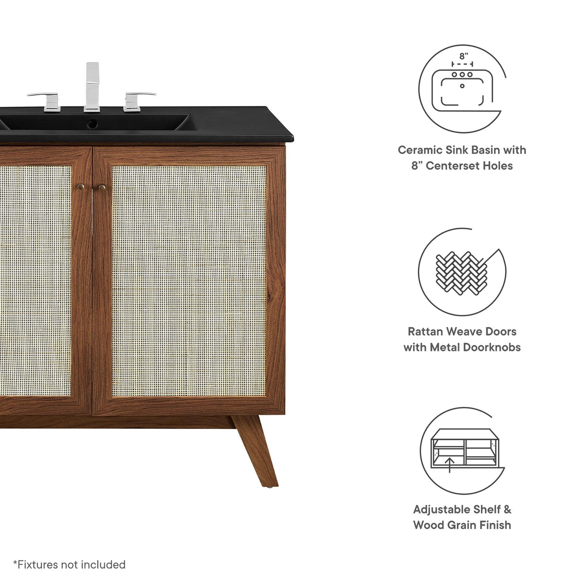 Soma Bathroom Vanity by Modway, oak table vanity with black countertop and cane-front doors on Tampa Home & Garden Store