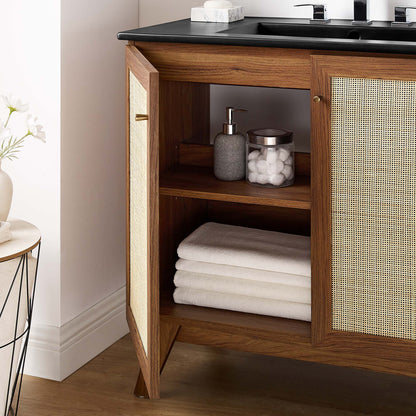 Soma bathroom vanity by Modway, wooden table vanity with black countertop and cane doors on Tampa Home & Garden Store