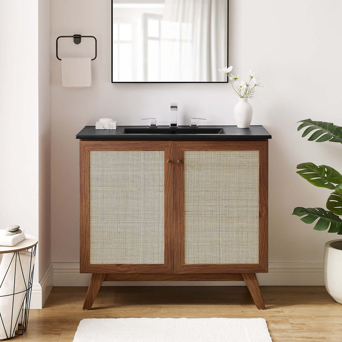 Soma bathroom vanity by Modway table vanity with black countertop and cane-front wood cabinet on Tampa Home & Garden Store