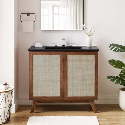 Soma bathroom vanity by Modway table vanity with black countertop and cane-front wood cabinet on Tampa Home & Garden Store
