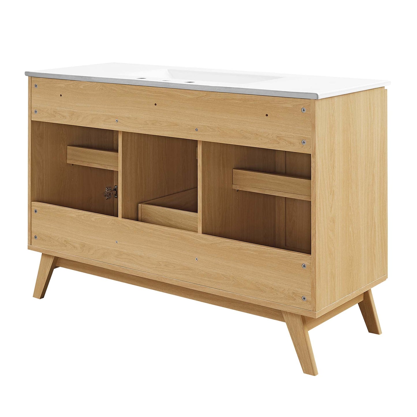 Soma 48in single-sink bathroom vanity by Modway, white top with oak cabinet, cubbies on Tampa Home & Garden Store