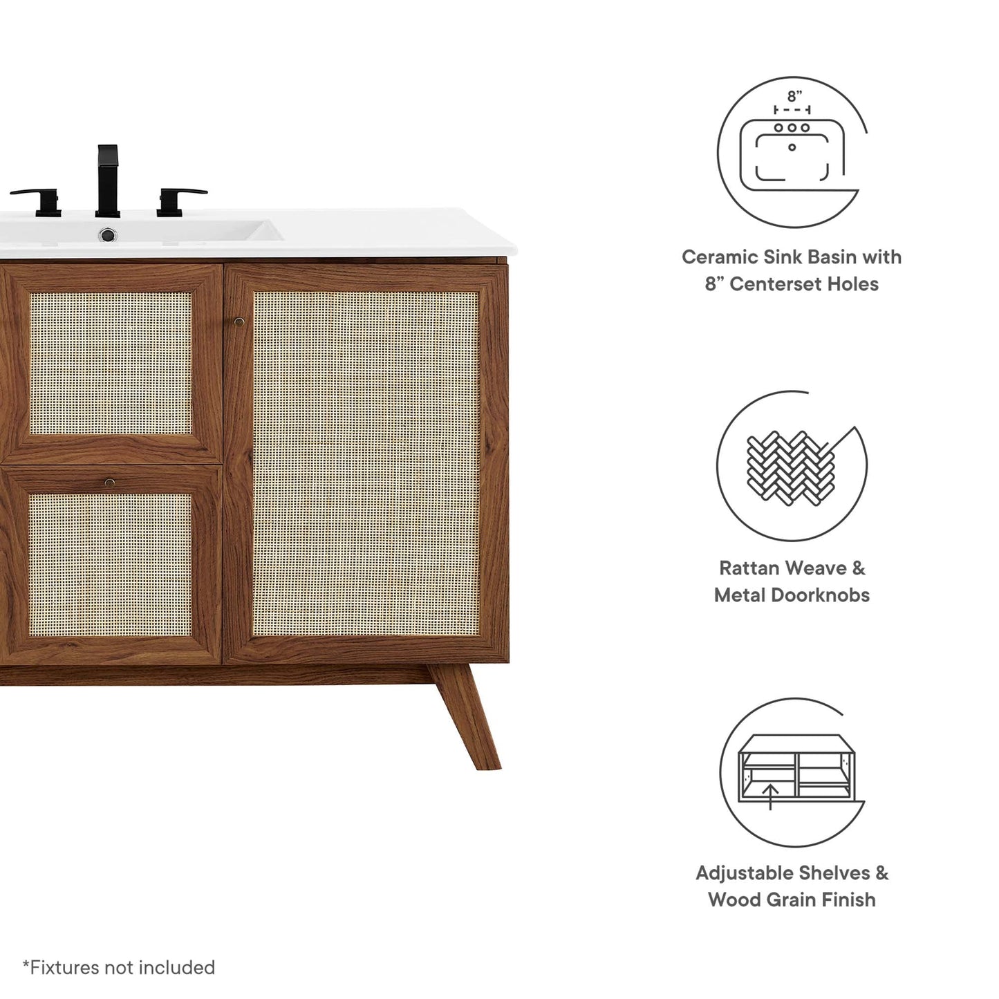 Soma 48" single-sink vanity with white ceramic sink, black faucet, cane-panel wood cabinet on Tampa Home & Garden Store