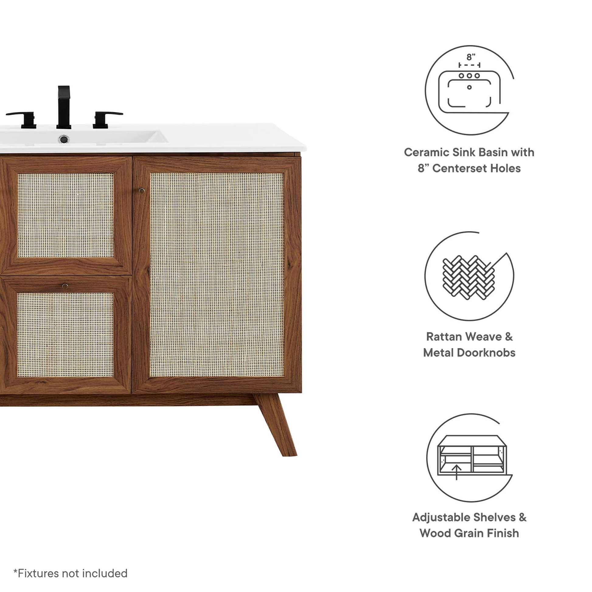 Soma 48" single-sink vanity with white ceramic sink, black faucet, cane-panel wood cabinet on Tampa Home & Garden Store