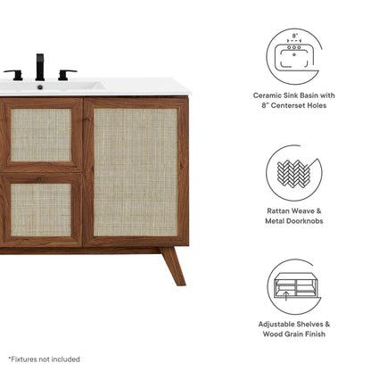 Soma 48" single-sink vanity with white ceramic sink, black faucet, cane-panel wood cabinet on Tampa Home & Garden Store