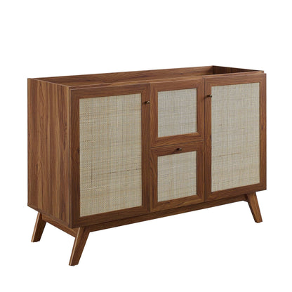 Soma 48in single-sink bathroom vanity by Modway in walnut wood with cane panel doors and tapered legs on Tampa Home & Garden Store