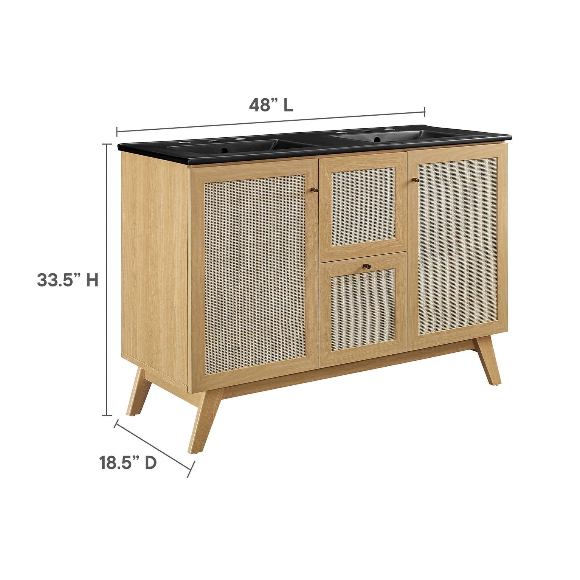 Soma 48-in double sink vanity by Modway with black countertop and cane-front doors on Tampa Home & Garden Store