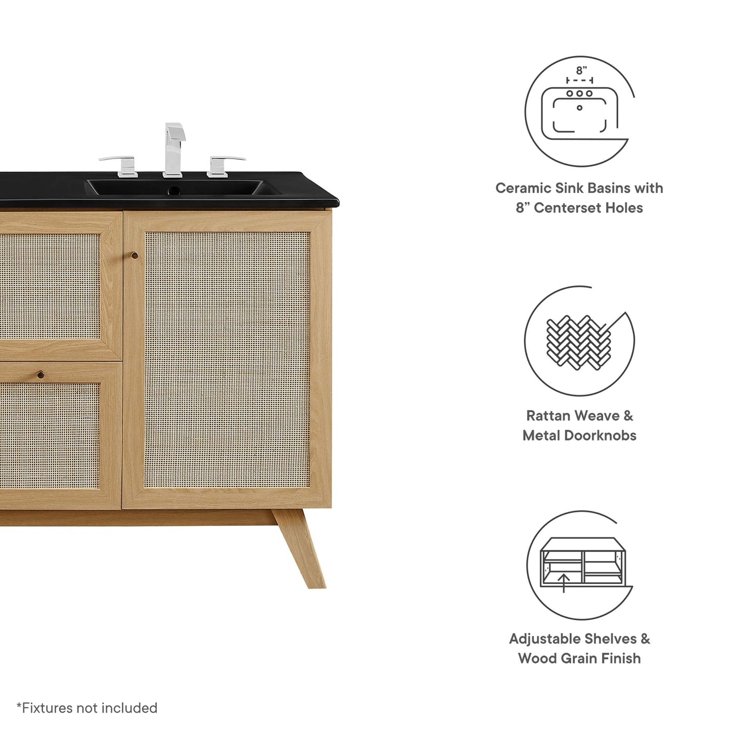 Soma 48in double sink vanity with black countertop and light wood cabinet by HouseOfZazla on Tampa Home & Garden Store