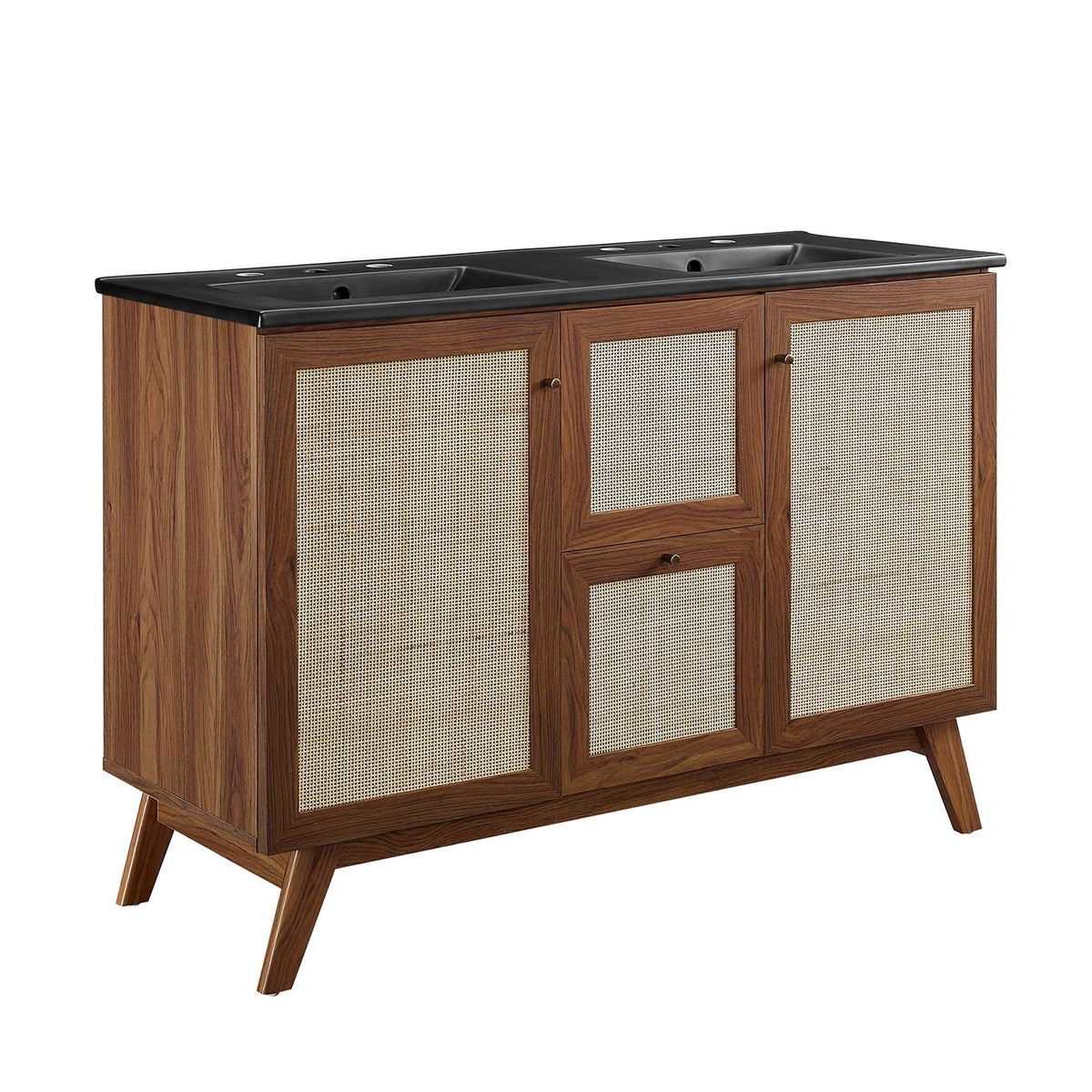 Soma 48in double sink vanity by Modway, wood cabinet with caned doors and black countertop on Tampa Home & Garden Store