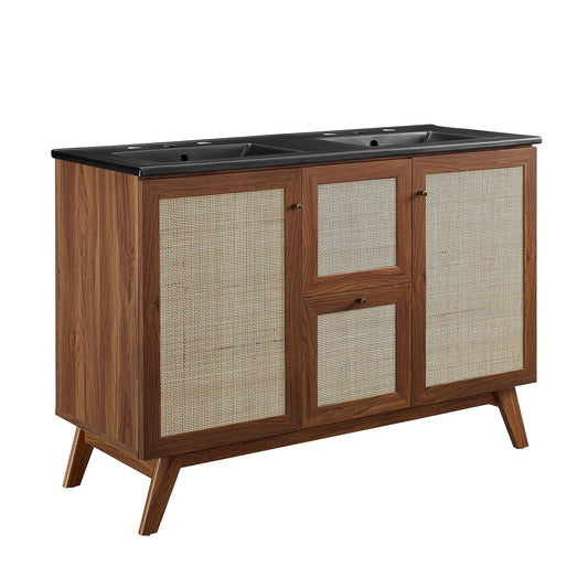Soma 48in double sink vanity by Modway, wood cabinet with caned doors and black countertop on Tampa Home & Garden Store