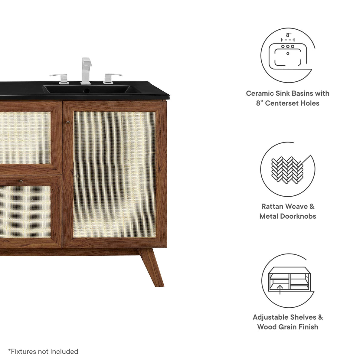 Soma 48in double sink vanity by Modway; black countertop, wood frame with rattan weave doors on Tampa Home & Garden Store