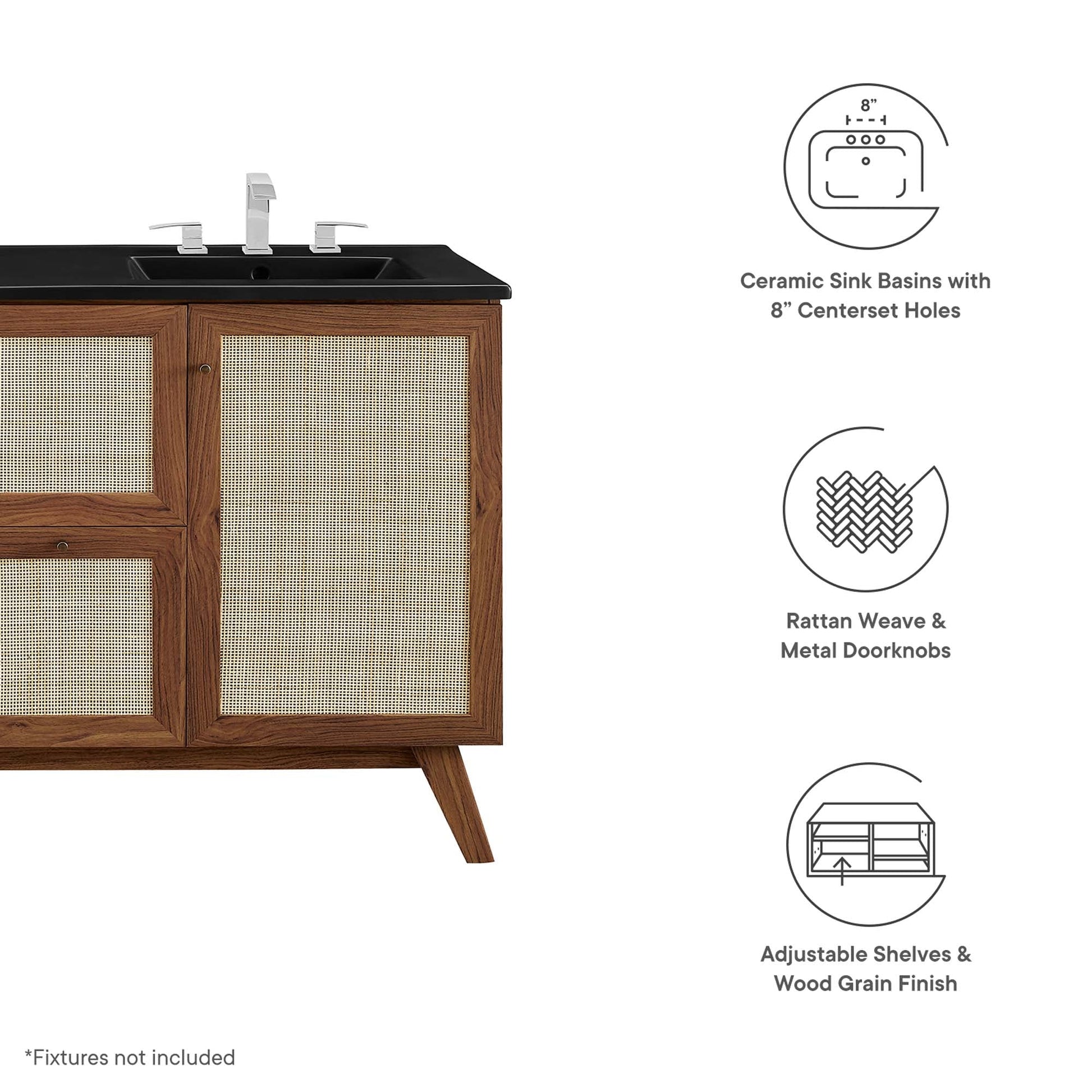 Soma 48in double sink vanity by Modway; black countertop, wood frame with rattan weave doors on Tampa Home & Garden Store