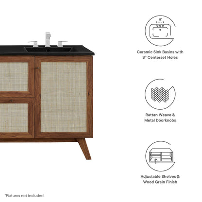Soma 48in double sink vanity by Modway; black countertop, wood frame with rattan weave doors on Tampa Home & Garden Store