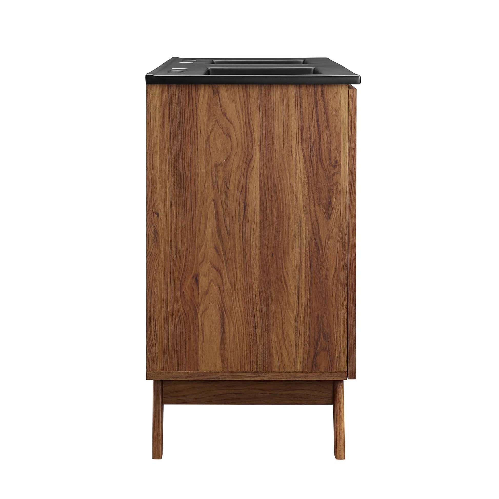Soma 48in double-sink bathroom vanity with wood grain cabinet and black countertop on Tampa Home & Garden Store