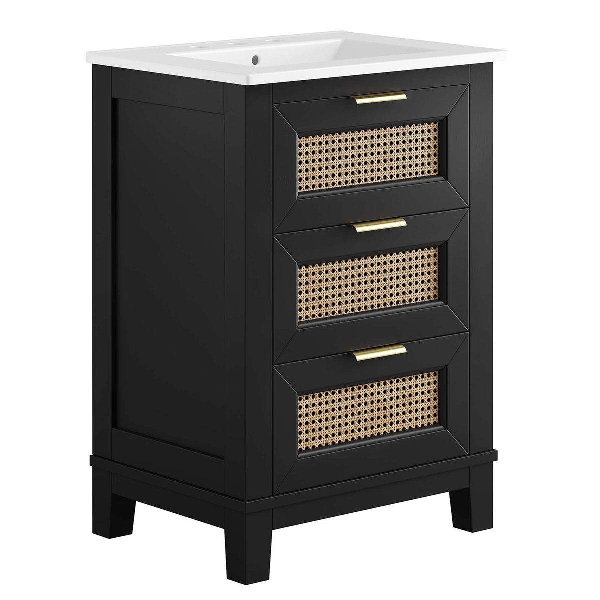 Dixie 24in wood bathroom vanity with white countertop, black frame and woven cane panels on Tampa Home & Garden Store