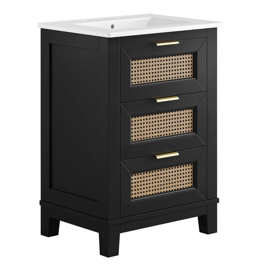 Dixie 24in wood bathroom vanity with white countertop, black frame and woven cane panels on Tampa Home & Garden Store