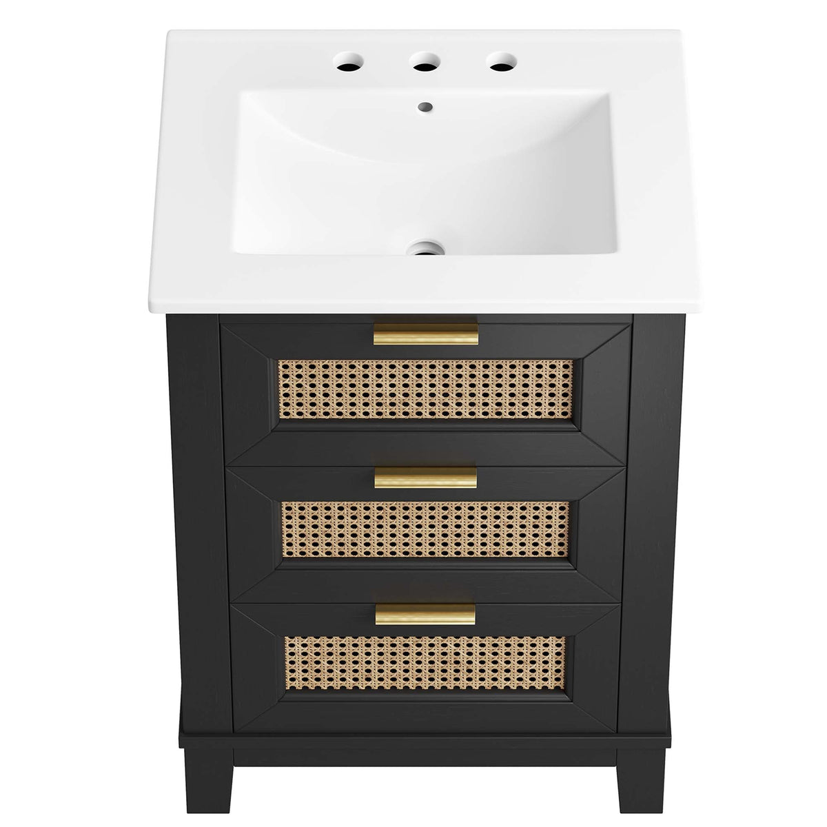 Dixie 24in solid wood bathroom vanity with white sink, black cabinet, cane-front drawers on Tampa Home & Garden Store