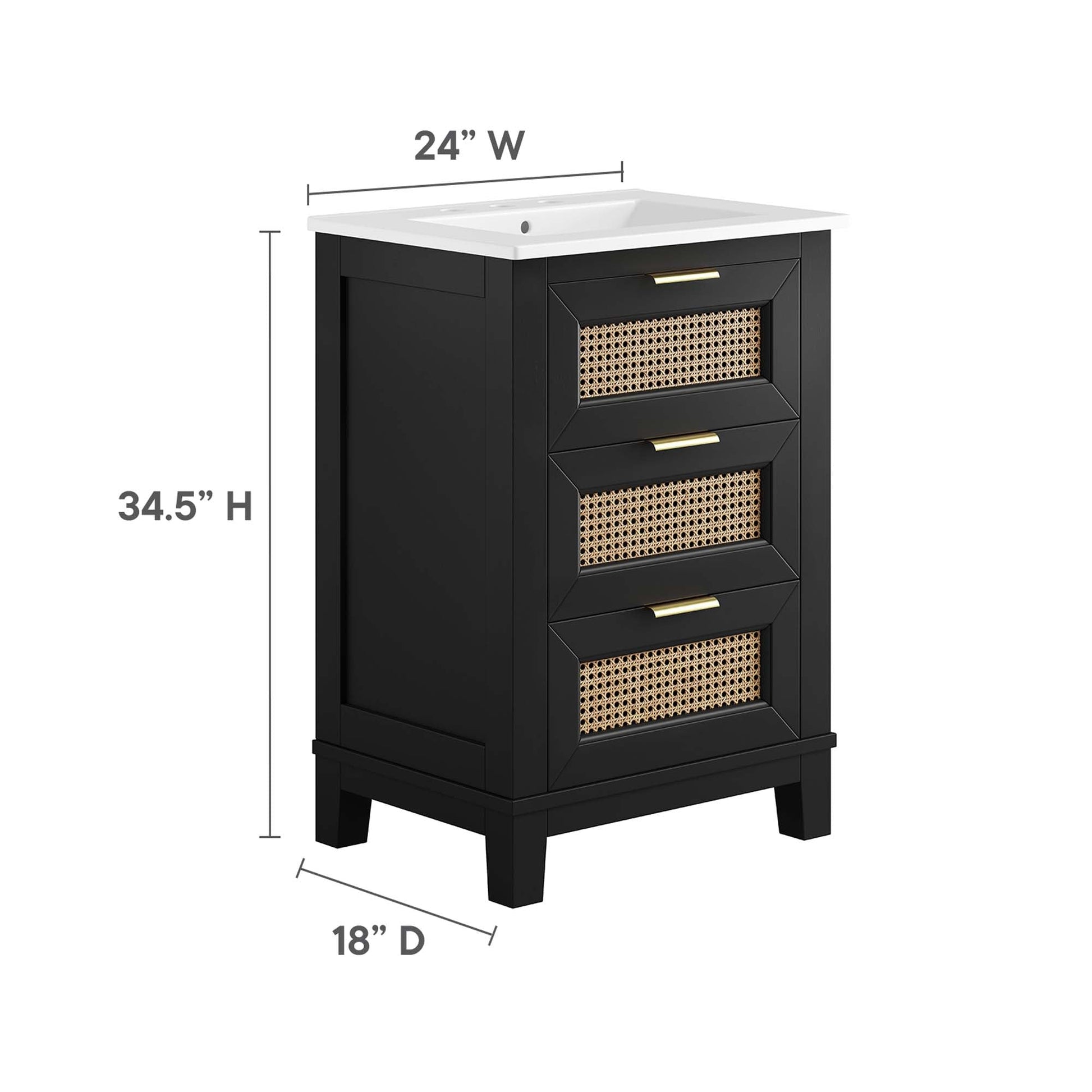 Dixie 24in solid wood bathroom vanity by Modway, black cabinet with white top and cane panels on Tampa Home & Garden Store