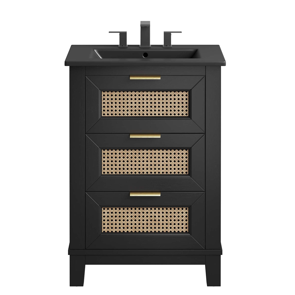 Modway Dixie solid wood bathroom vanity in black with cane-front panels and gold drawer pulls on Tampa Home & Garden Store