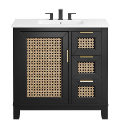Dixie wood bathroom vanity by Modway with white countertop, black frame and cane panel doors on Tampa Home & Garden Store