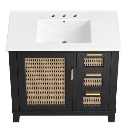 Dixie solid wood vanity by Modway, black frame, cane panels, gold pulls, white sink on Tampa Home & Garden Store