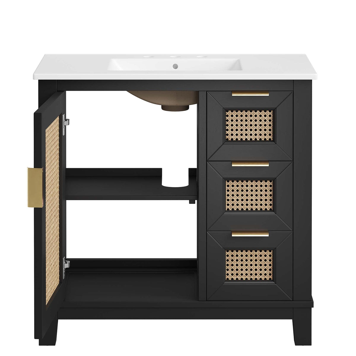 Dixie solid wood bathroom vanity with white top, black framing, cane panels and gold pulls on Tampa Home & Garden Store
