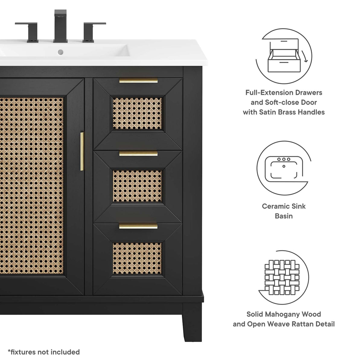 Dixie Solid Wood Vanity Cabinet by Modway, black wood with cane doors and brass pulls on Tampa Home & Garden Store