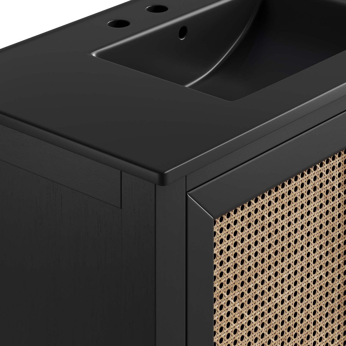 Dixie solid wood bathroom vanity cabinet by Modway in black finish with woven cane side panels on Tampa Home & Garden Store