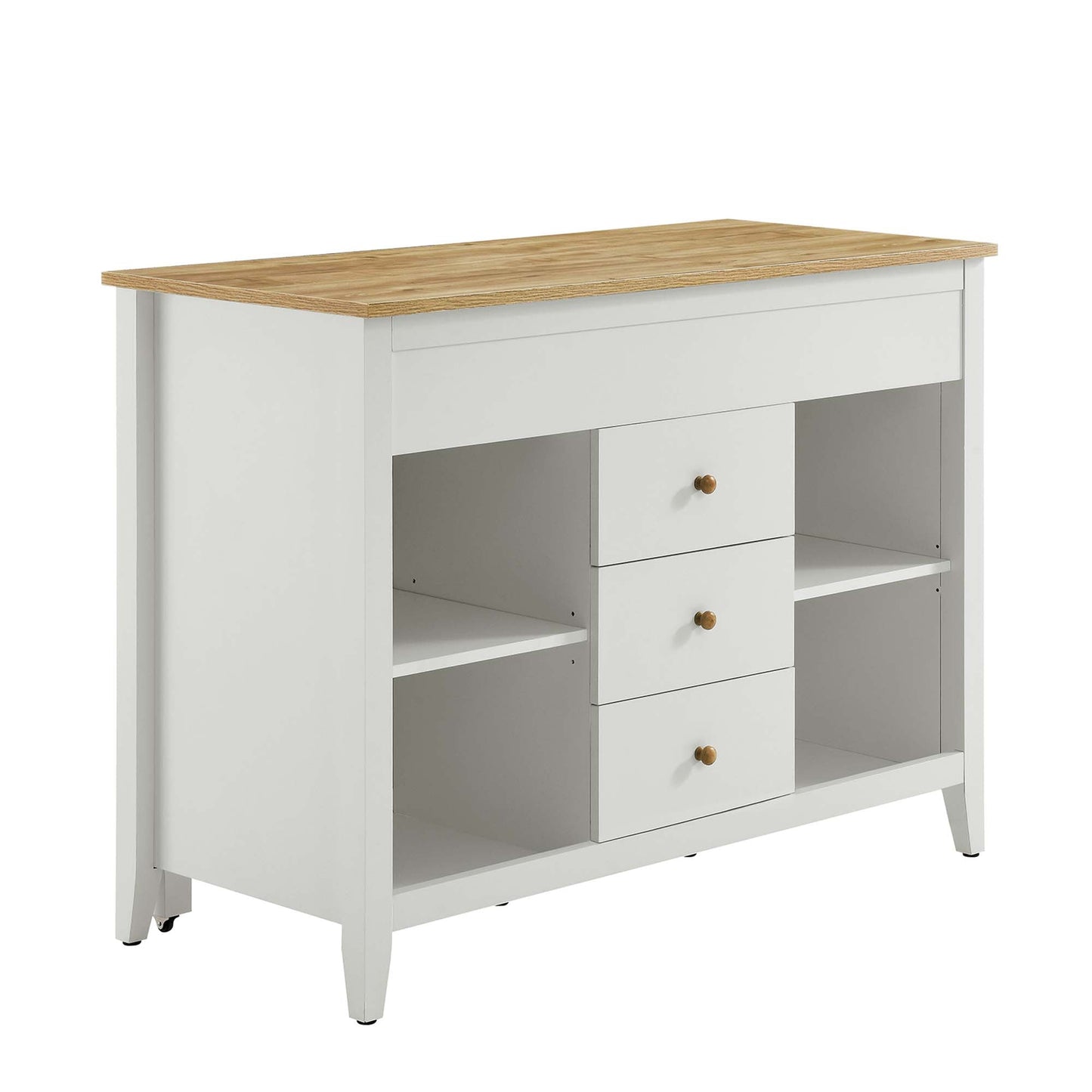 Farmstead Kitchen Island by Modway, white base with light oak top and brass knob pulls on Tampa Home & Garden Store