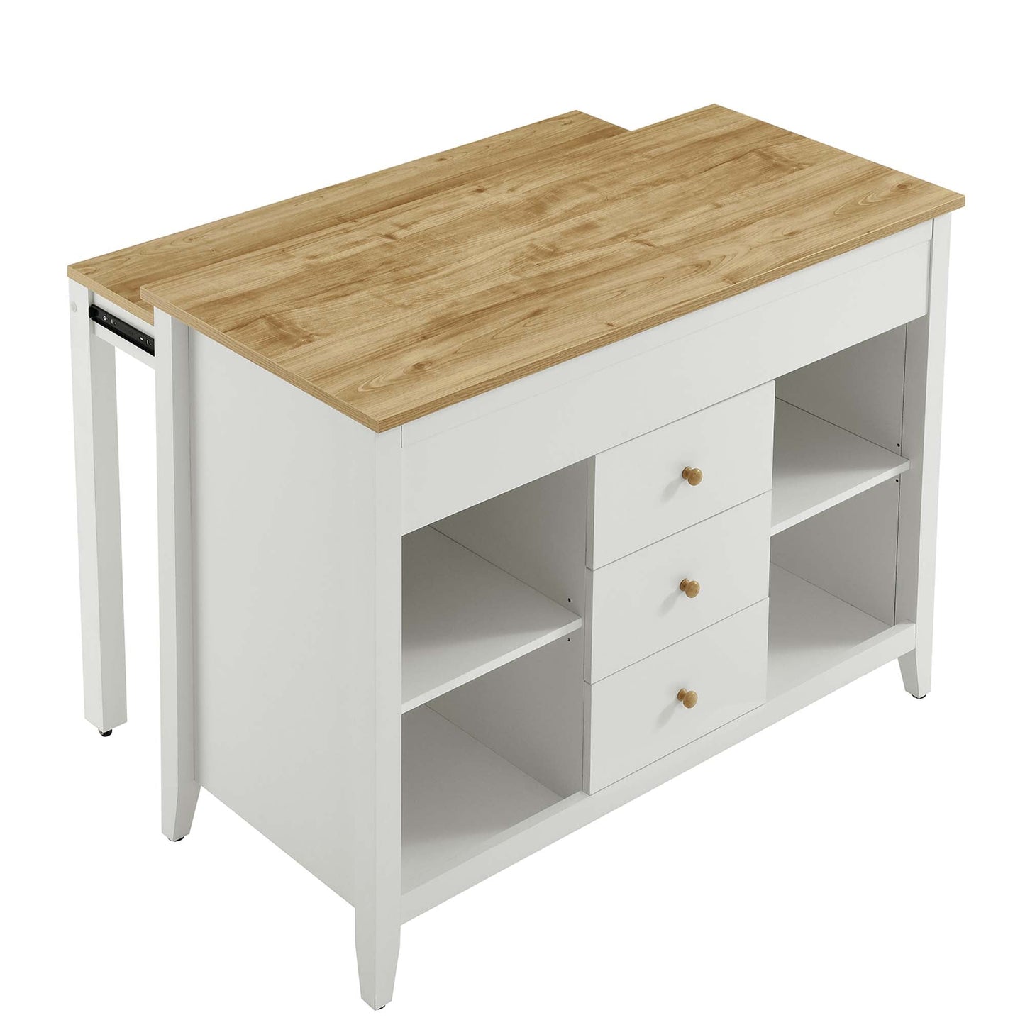 Farmstead Kitchen Island by Modway, wood top over white base with drawers and open shelves on Tampa Home & Garden Store