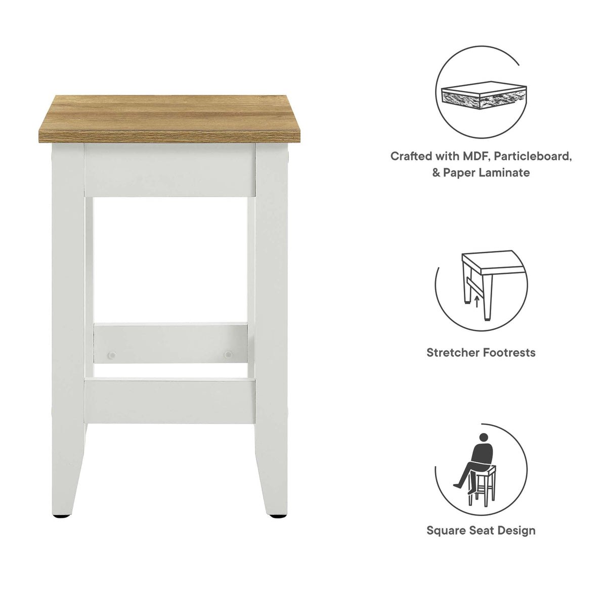 Sunbrook Kitchen Stool natural oak top on white frame, square seat design, HouseOfZazla on Tampa Home & Garden Store