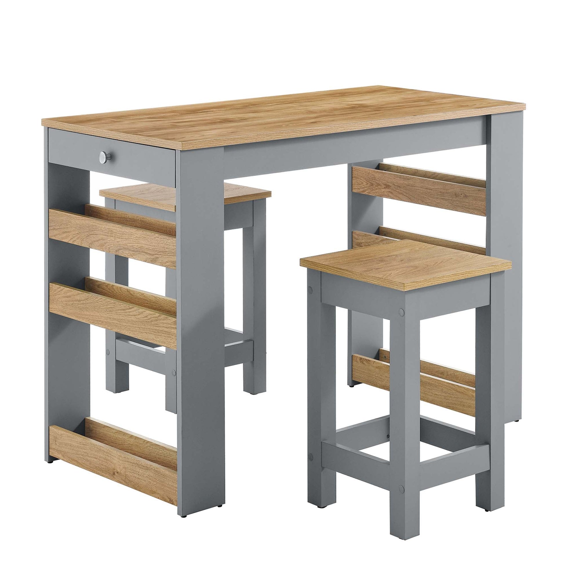 Galley 3-piece kitchen island and stool set with gray frame and natural oak top on Tampa Home & Garden Store