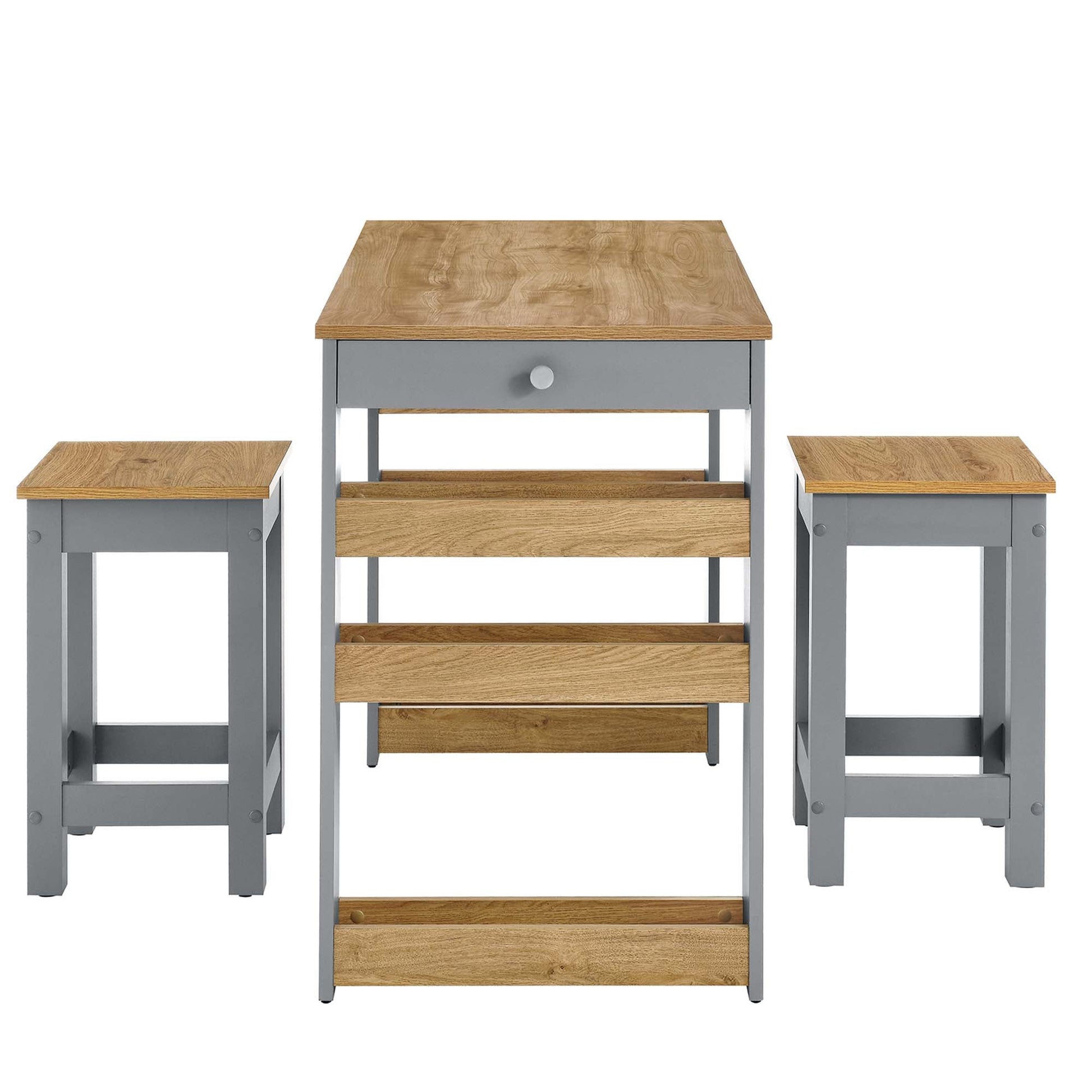 Galley 3-Piece Kitchen Island and Stool Set by Modway, oak tabletop with gray frame on Tampa Home & Garden Store