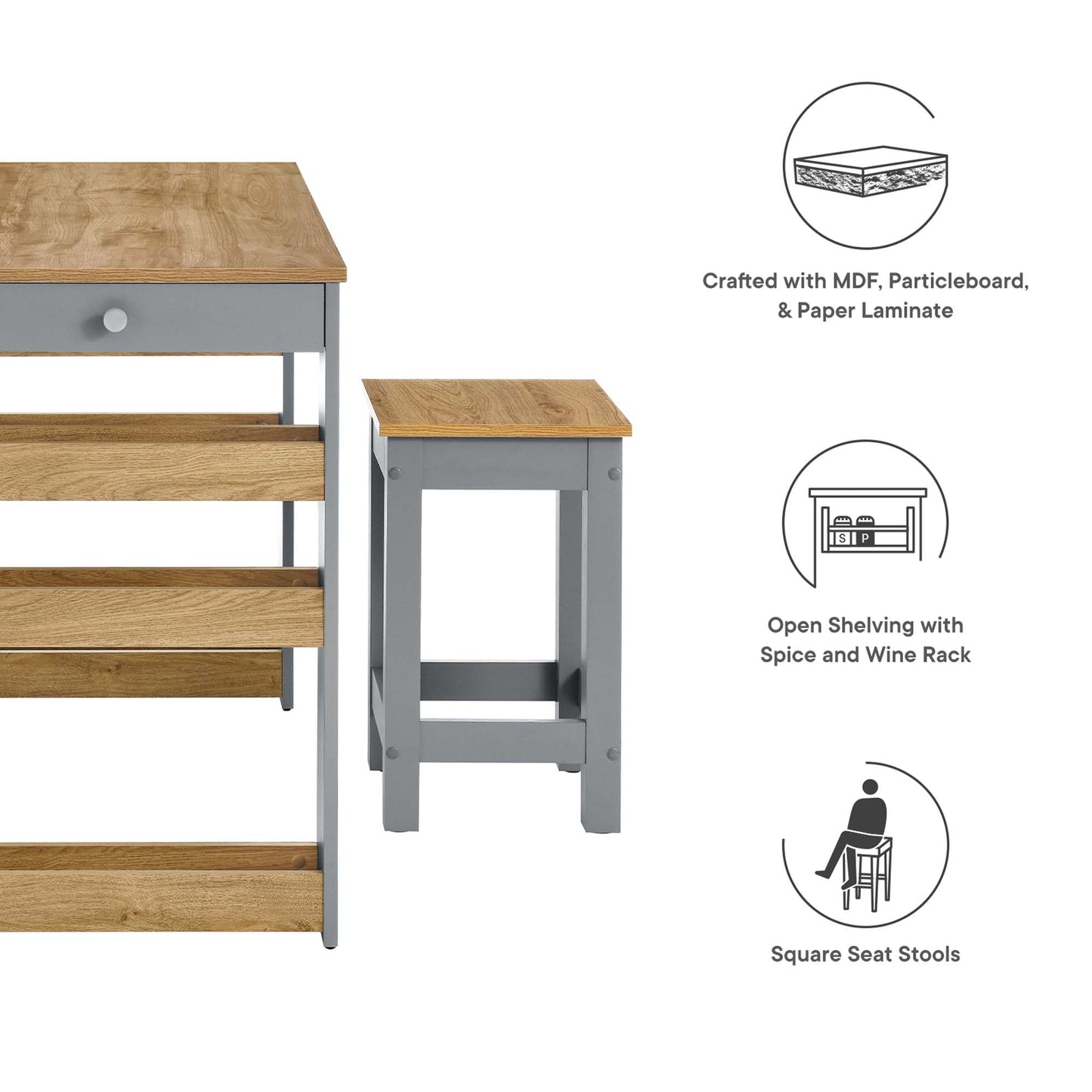Galley Kitchen Island & Stool Set by Modway, gray frame with oak laminate tops and two stools on Tampa Home & Garden Store