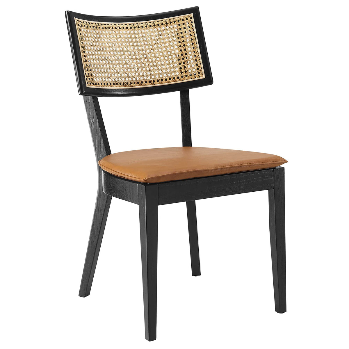 Caledonia vegan leather upholstered dining chair with caned back, black wood frame, tan seat on Tampa Home & Garden Store