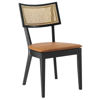 Caledonia vegan leather upholstered dining chair with caned back, black wood frame, tan seat on Tampa Home & Garden Store