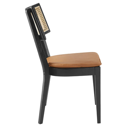 Caledonia vegan leather dining chairs set of 2 with black frame tan seats cane-back on Tampa Home & Garden Store
