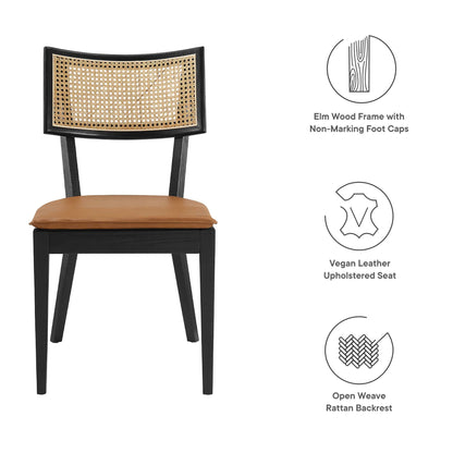 Caledonia vegan leather upholstered dining chair set of 2 with black wood frame and open-weave rattan back on Tampa Home & Garden Store