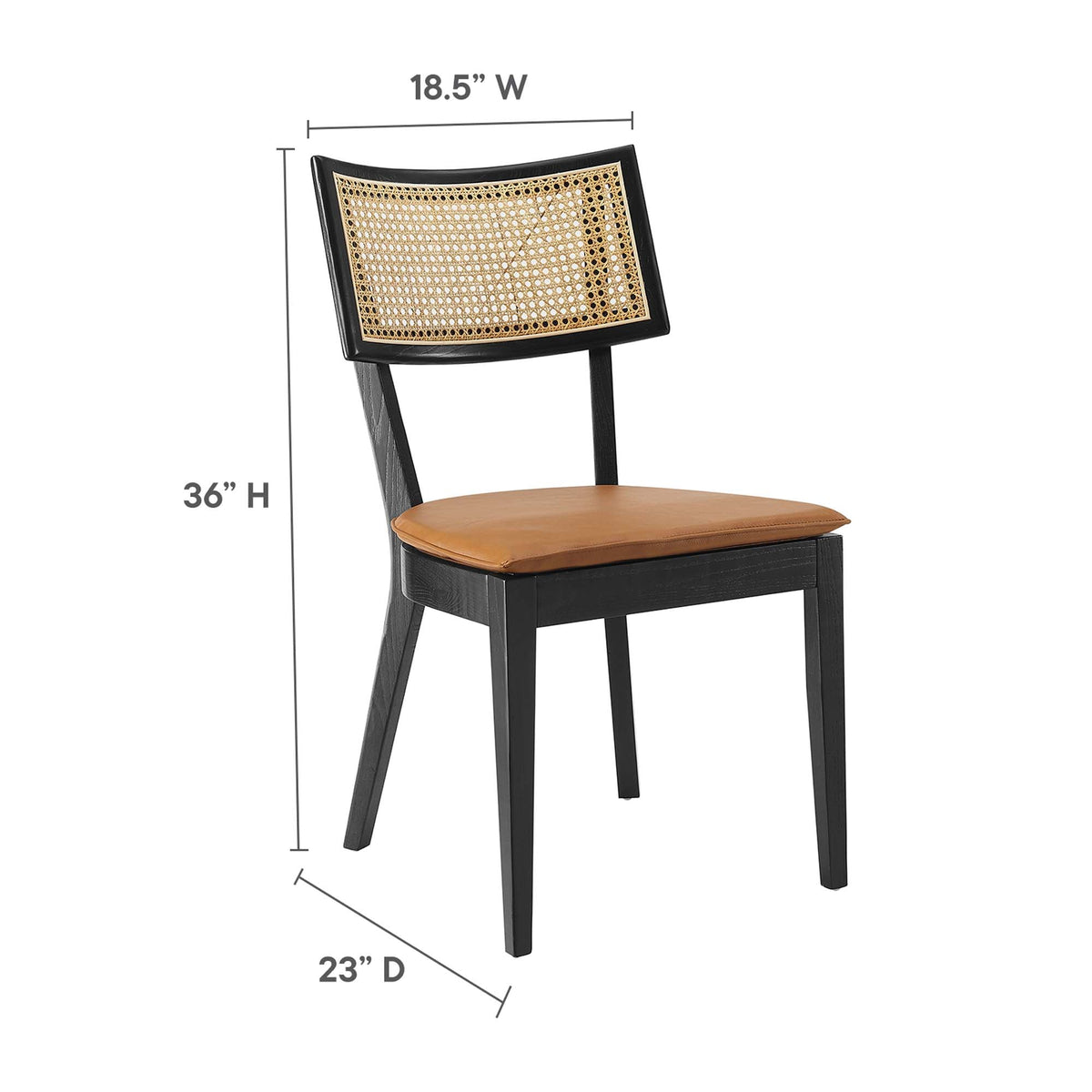 Caledonia vegan leather upholstered dining chairs set of 2 with black wood frame and caned back on Tampa Home & Garden Store