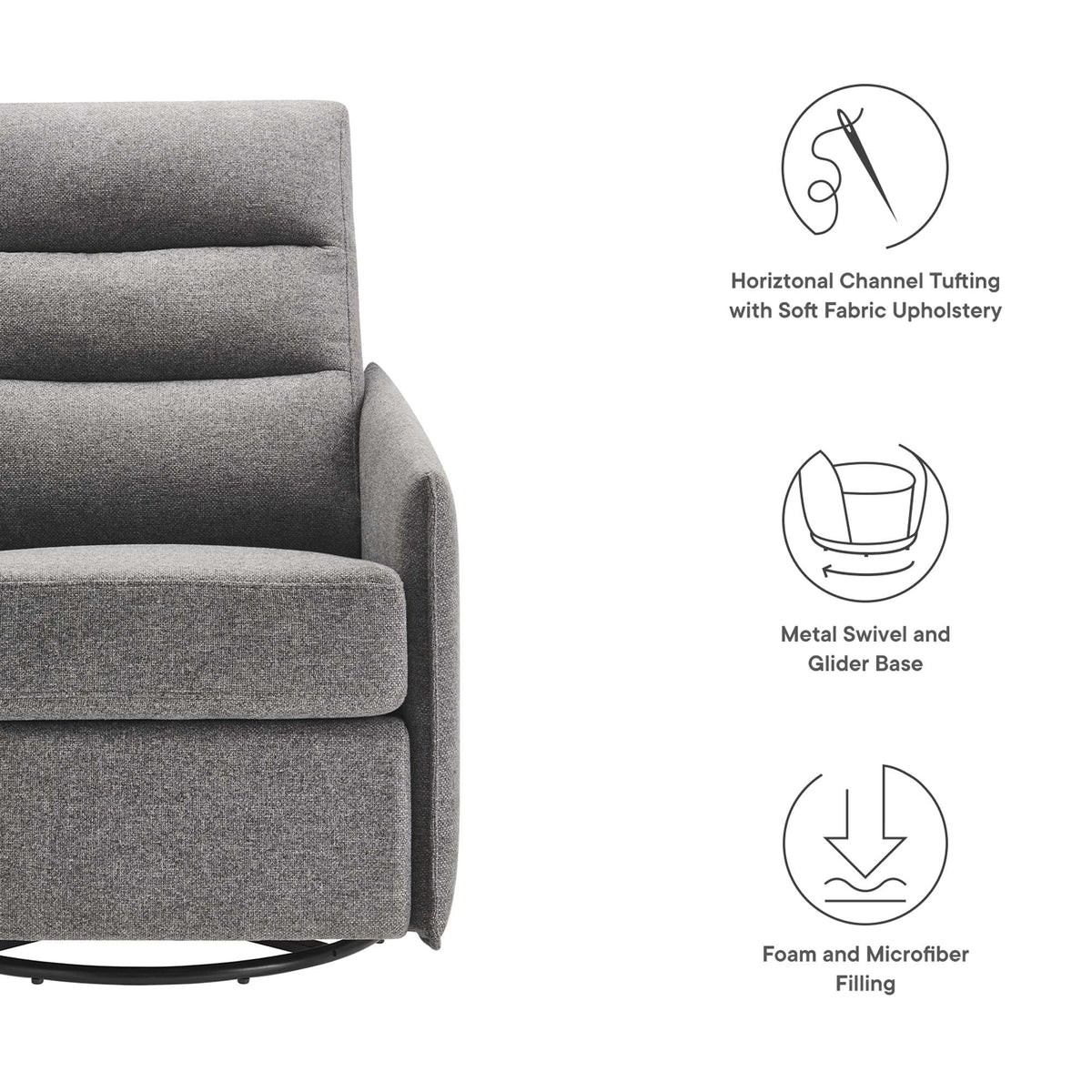 Etta Upholstered Fabric Lounge Chair gray fabric with tufted back and circular metal base on Tampa Home & Garden Store