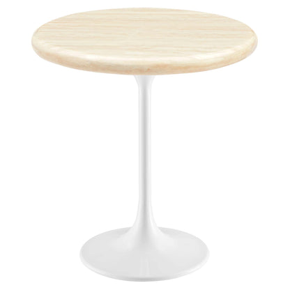 Lippa Round Faux Travertine Side Table with beige stone top and white pedestal base on Tampa Home & Garden Store