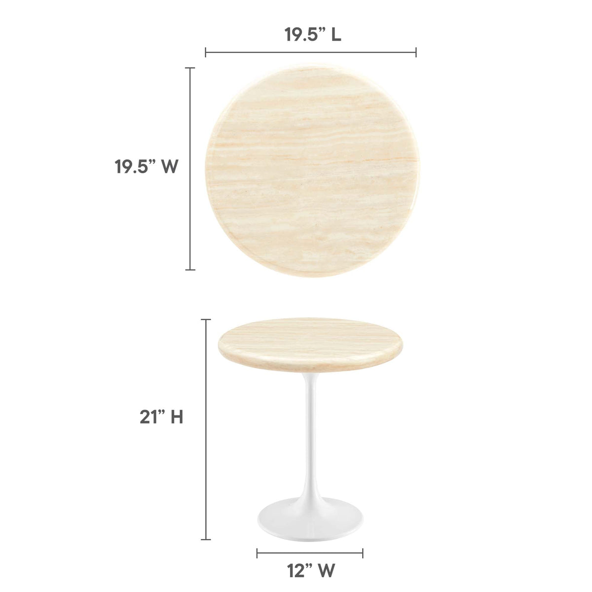 Lippa Round Faux Travertine Side Table beige travertine top with white pedestal base on Tampa Home & Garden Store