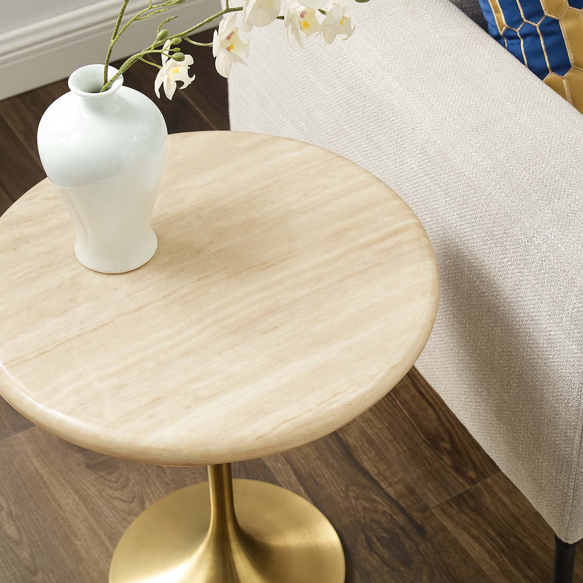 Lippa Round Faux Travertine Side Table by Modway, beige travertine-look top with brass base on Tampa Home & Garden Store
