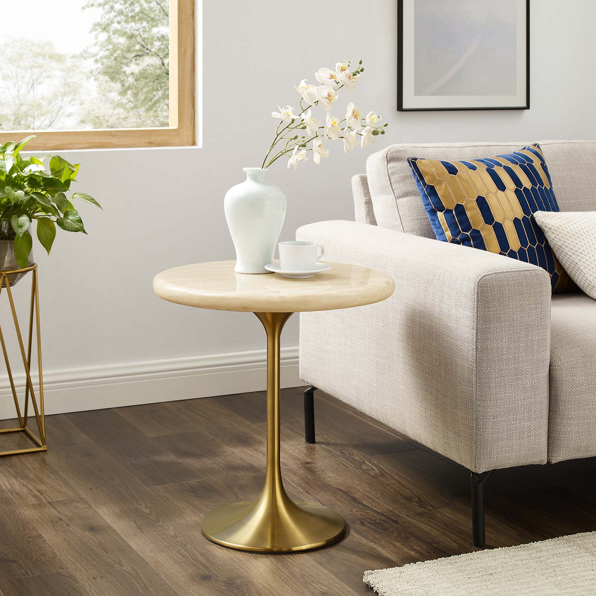 Lippa Round Faux Travertine Side Table by Modway, light wood top with brass pedestal base on Tampa Home & Garden Store