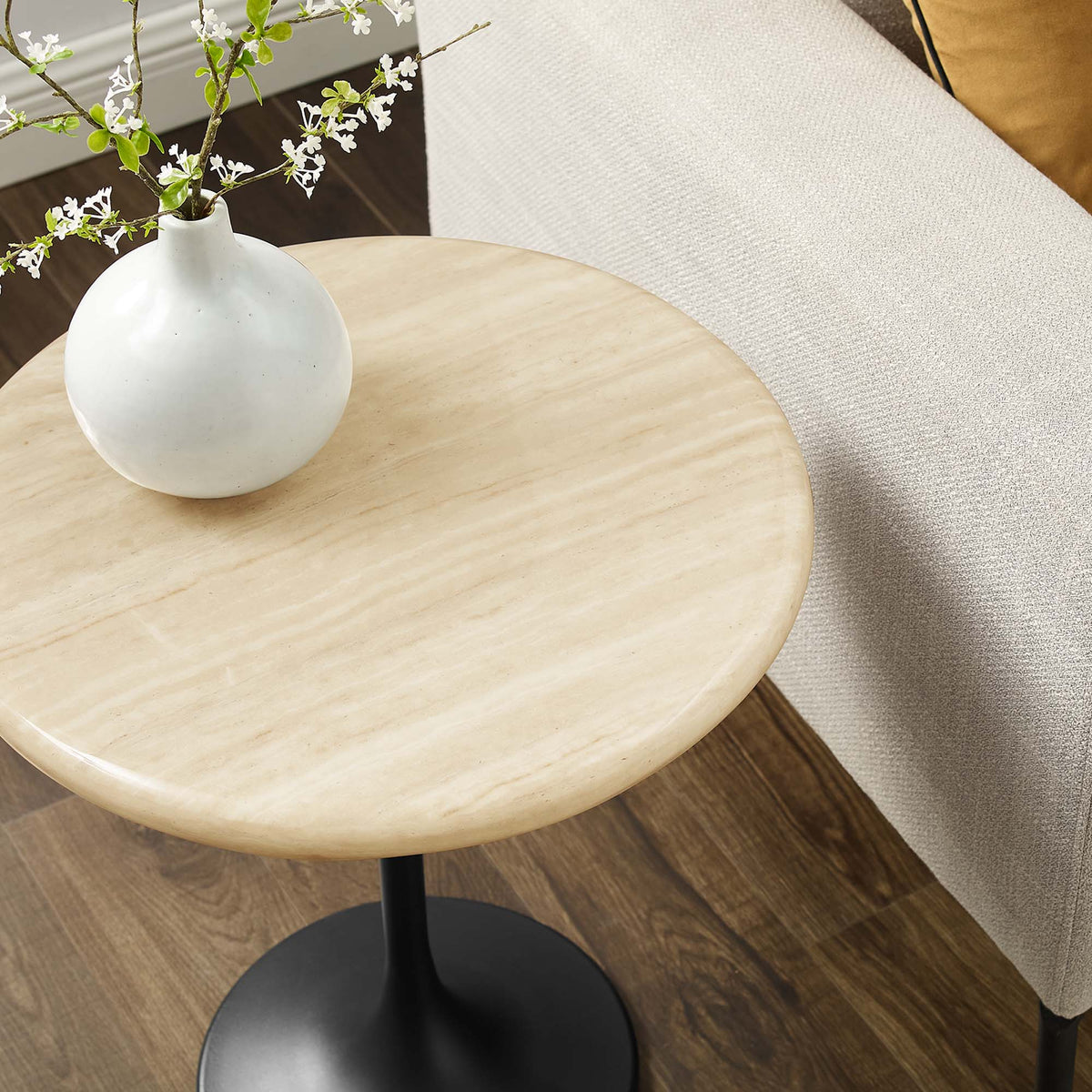 Lippa Round Faux Travertine Side Table by Modway, beige top on a black pedestal base on Tampa Home & Garden Store