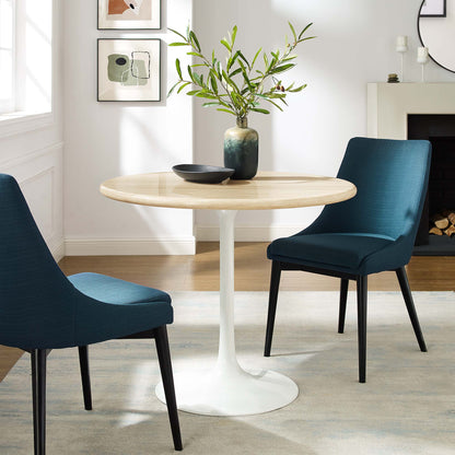 Lippa Round Faux Travertine Dining Table with light wood tabletop and white pedestal base on Tampa Home & Garden Store