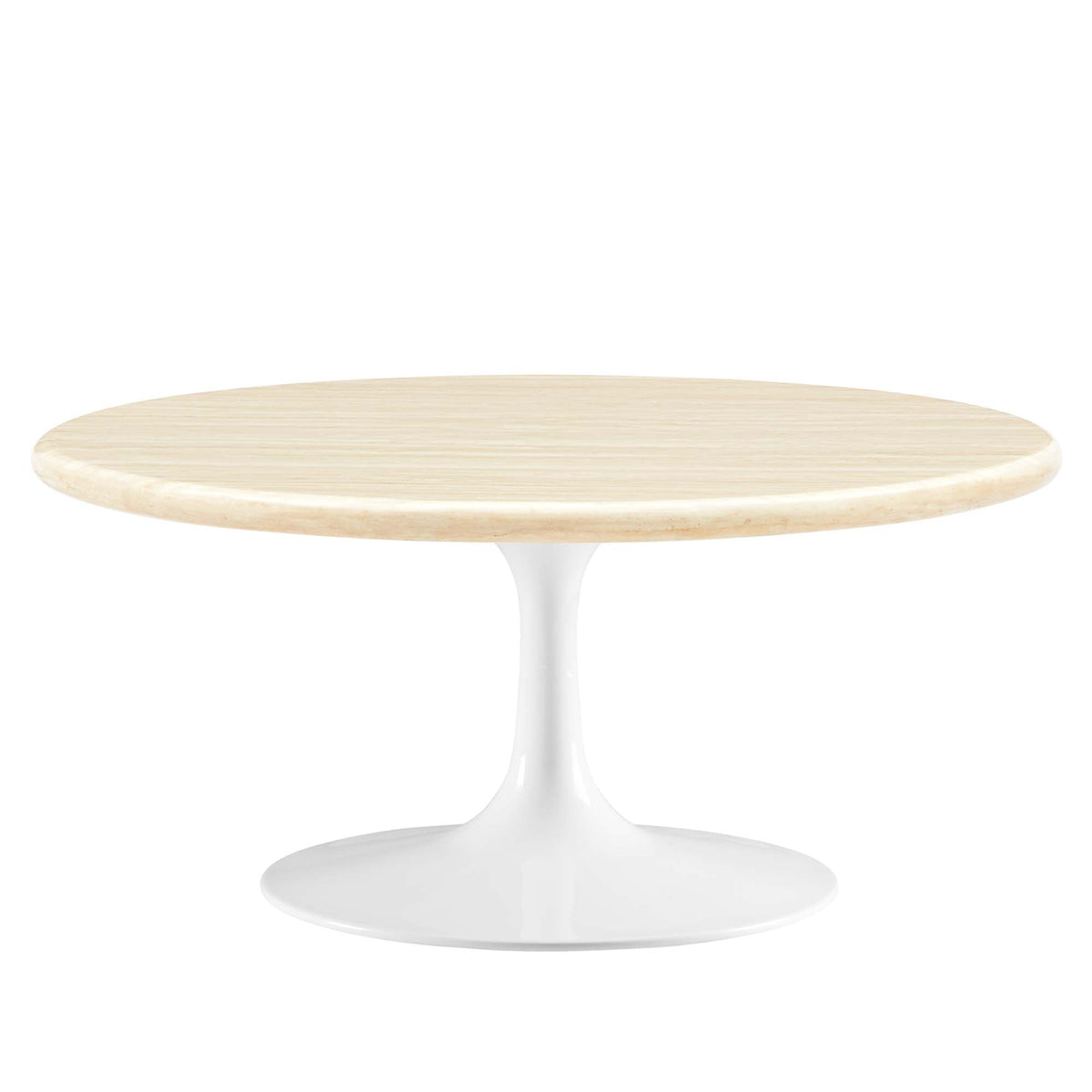 Lippa Round Faux Travertine Coffee Table by Modway, round travertine top on white pedestal base on Tampa Home & Garden Store