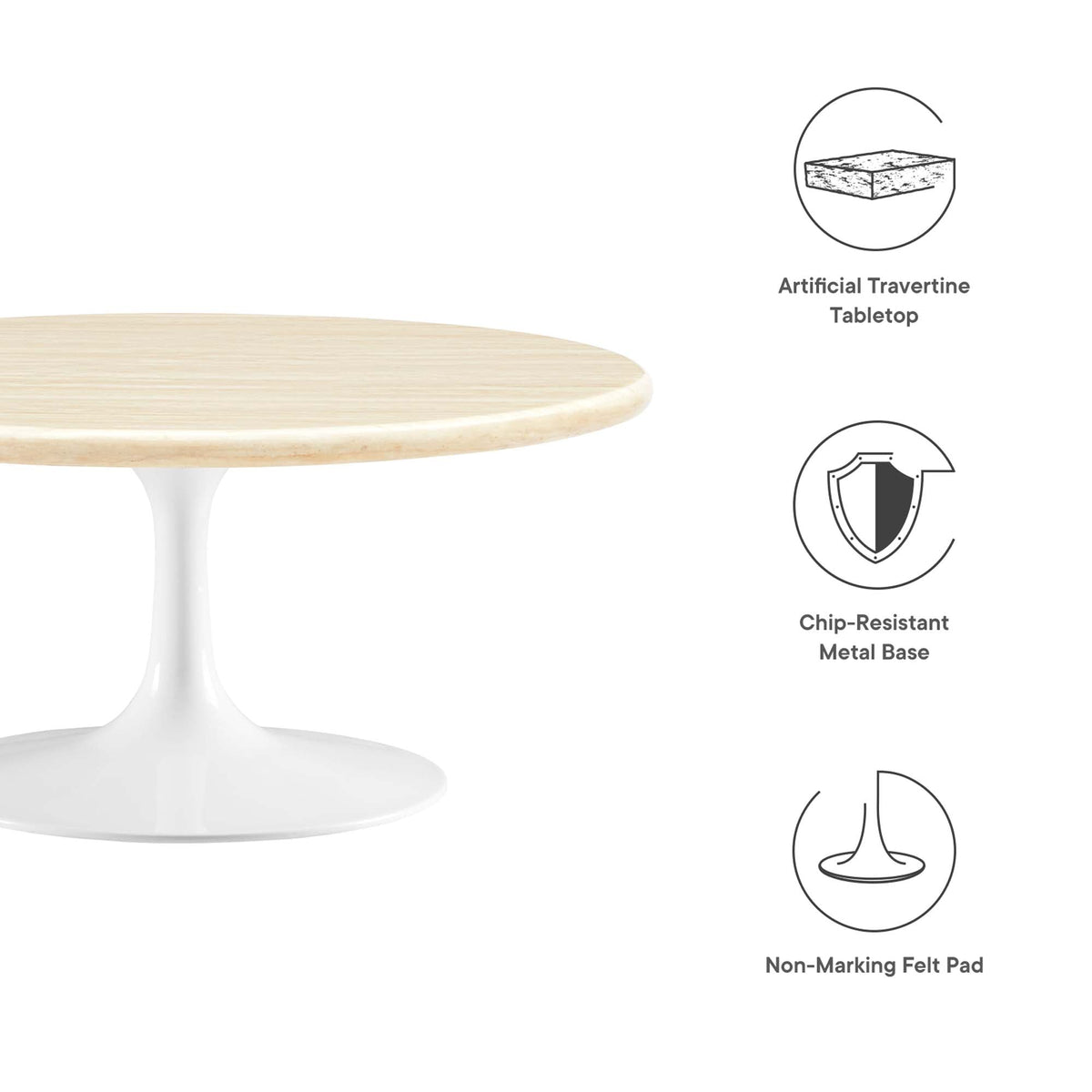 Lippa Round Faux Travertine Coffee Table by Modway with white pedestal base on Tampa Home & Garden Store